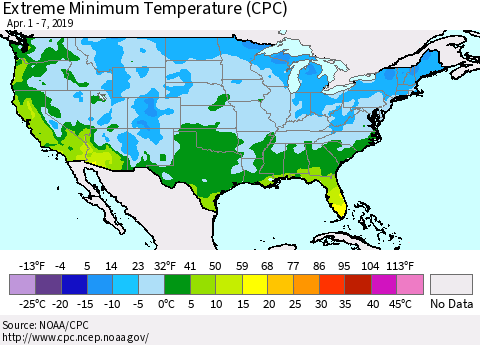 United States Minimum Daily Temperature (CPC) Thematic Map For 4/1/2019 - 4/7/2019
