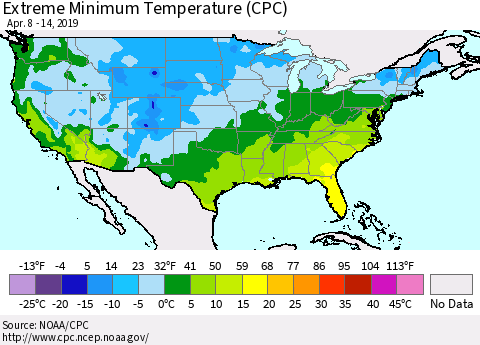 United States Minimum Daily Temperature (CPC) Thematic Map For 4/8/2019 - 4/14/2019