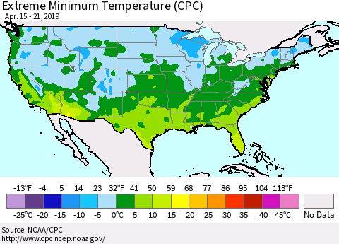 United States Minimum Daily Temperature (CPC) Thematic Map For 4/15/2019 - 4/21/2019