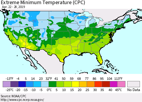 United States Minimum Daily Temperature (CPC) Thematic Map For 4/22/2019 - 4/28/2019