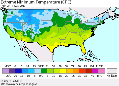 United States Minimum Daily Temperature (CPC) Thematic Map For 4/29/2019 - 5/5/2019