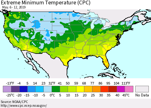 United States Minimum Daily Temperature (CPC) Thematic Map For 5/6/2019 - 5/12/2019