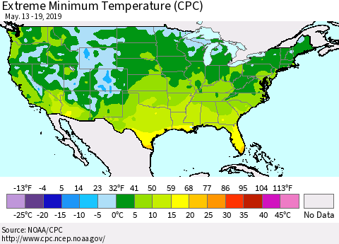 United States Minimum Daily Temperature (CPC) Thematic Map For 5/13/2019 - 5/19/2019