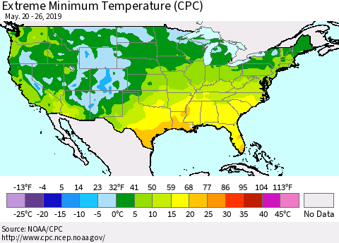United States Minimum Daily Temperature (CPC) Thematic Map For 5/20/2019 - 5/26/2019