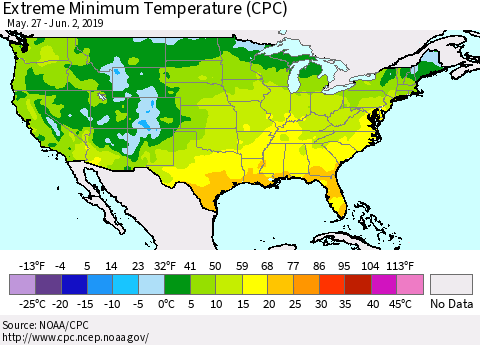 United States Minimum Daily Temperature (CPC) Thematic Map For 5/27/2019 - 6/2/2019