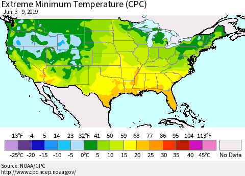 United States Minimum Daily Temperature (CPC) Thematic Map For 6/3/2019 - 6/9/2019