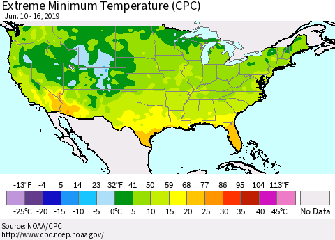 United States Minimum Daily Temperature (CPC) Thematic Map For 6/10/2019 - 6/16/2019
