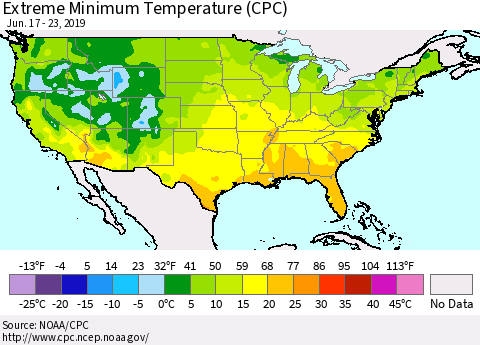 United States Minimum Daily Temperature (CPC) Thematic Map For 6/17/2019 - 6/23/2019
