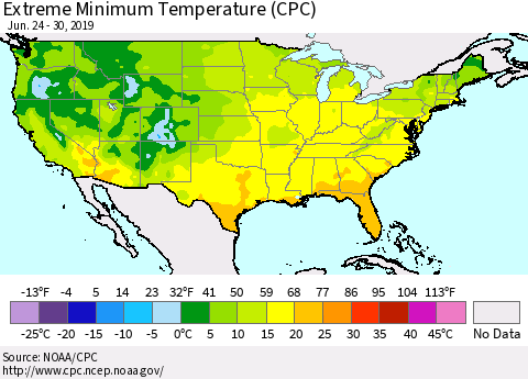 United States Minimum Daily Temperature (CPC) Thematic Map For 6/24/2019 - 6/30/2019