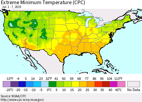 United States Minimum Daily Temperature (CPC) Thematic Map For 7/1/2019 - 7/7/2019