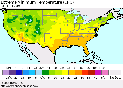 United States Minimum Daily Temperature (CPC) Thematic Map For 7/8/2019 - 7/14/2019