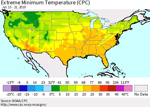 United States Minimum Daily Temperature (CPC) Thematic Map For 7/15/2019 - 7/21/2019
