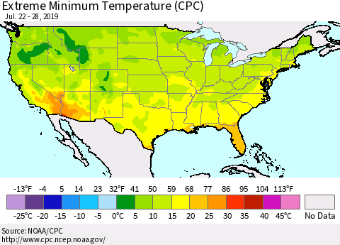 United States Minimum Daily Temperature (CPC) Thematic Map For 7/22/2019 - 7/28/2019