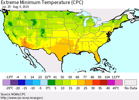 United States Minimum Daily Temperature (CPC) Thematic Map For 7/29/2019 - 8/4/2019