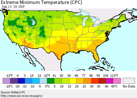 United States Minimum Daily Temperature (CPC) Thematic Map For 8/12/2019 - 8/18/2019