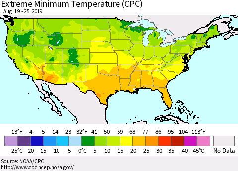 United States Minimum Daily Temperature (CPC) Thematic Map For 8/19/2019 - 8/25/2019