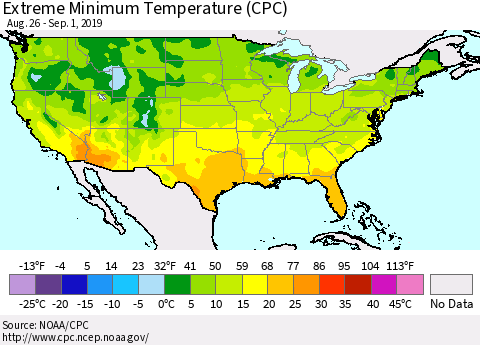United States Minimum Daily Temperature (CPC) Thematic Map For 8/26/2019 - 9/1/2019