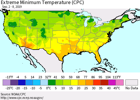 United States Extreme Minimum Temperature (CPC) Thematic Map For 9/2/2019 - 9/8/2019