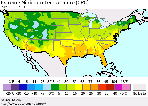 United States Extreme Minimum Temperature (CPC) Thematic Map For 9/9/2019 - 9/15/2019