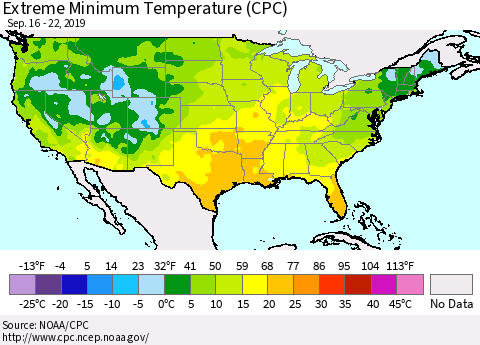 United States Minimum Daily Temperature (CPC) Thematic Map For 9/16/2019 - 9/22/2019