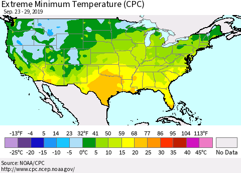 United States Extreme Minimum Temperature (CPC) Thematic Map For 9/23/2019 - 9/29/2019