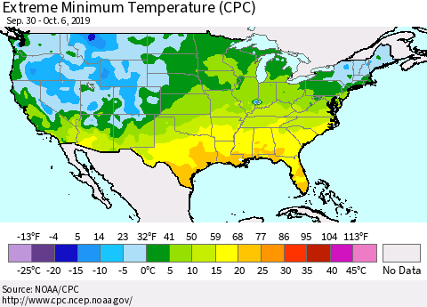 United States Extreme Minimum Temperature (CPC) Thematic Map For 9/30/2019 - 10/6/2019