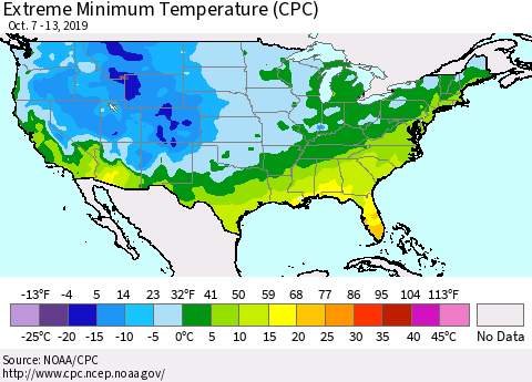 United States Extreme Minimum Temperature (CPC) Thematic Map For 10/7/2019 - 10/13/2019
