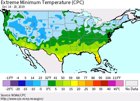 United States Extreme Minimum Temperature (CPC) Thematic Map For 10/14/2019 - 10/20/2019
