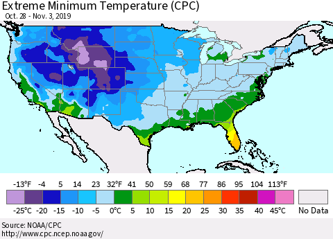 United States Extreme Minimum Temperature (CPC) Thematic Map For 10/28/2019 - 11/3/2019