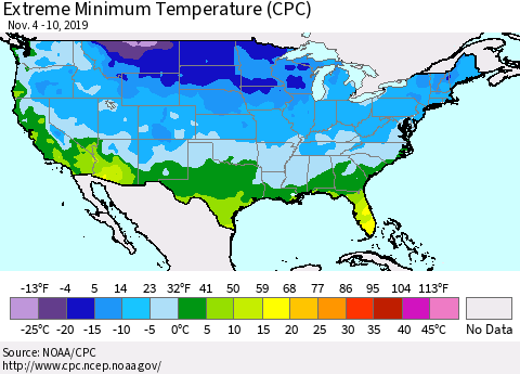 United States Extreme Minimum Temperature (CPC) Thematic Map For 11/4/2019 - 11/10/2019