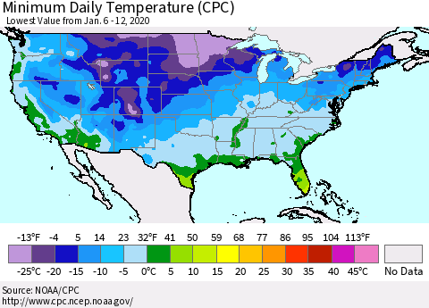 United States Minimum Daily Temperature (CPC) Thematic Map For 1/6/2020 - 1/12/2020