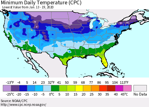 United States Extreme Minimum Temperature (CPC) Thematic Map For 1/13/2020 - 1/19/2020