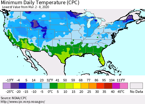 United States Minimum Daily Temperature (CPC) Thematic Map For 3/2/2020 - 3/8/2020