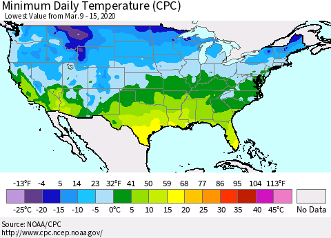 United States Minimum Daily Temperature (CPC) Thematic Map For 3/9/2020 - 3/15/2020