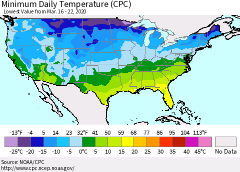 United States Minimum Daily Temperature (CPC) Thematic Map For 3/16/2020 - 3/22/2020