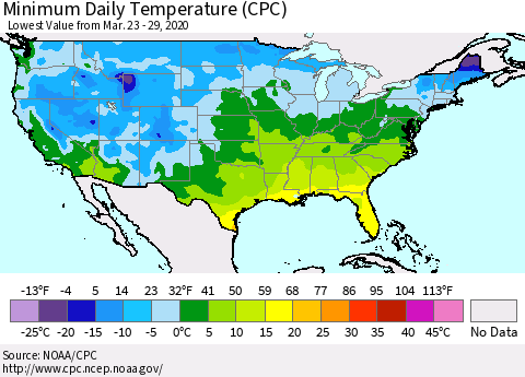 United States Minimum Daily Temperature (CPC) Thematic Map For 3/23/2020 - 3/29/2020