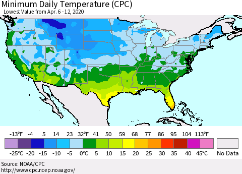 United States Minimum Daily Temperature (CPC) Thematic Map For 4/6/2020 - 4/12/2020