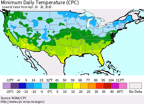 United States Minimum Daily Temperature (CPC) Thematic Map For 4/20/2020 - 4/26/2020
