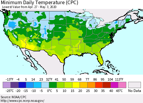 United States Minimum Daily Temperature (CPC) Thematic Map For 4/27/2020 - 5/3/2020