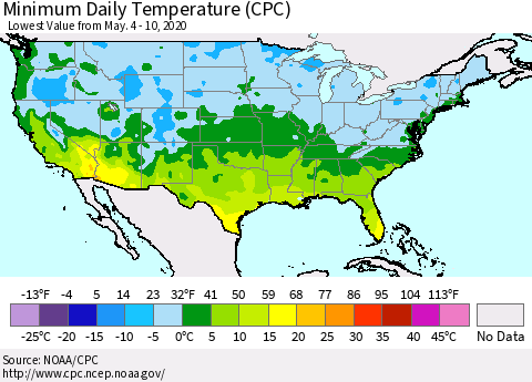 United States Minimum Daily Temperature (CPC) Thematic Map For 5/4/2020 - 5/10/2020