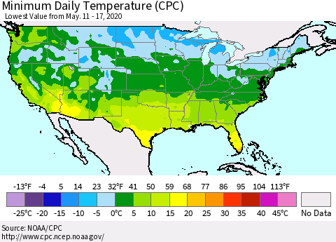 United States Minimum Daily Temperature (CPC) Thematic Map For 5/11/2020 - 5/17/2020