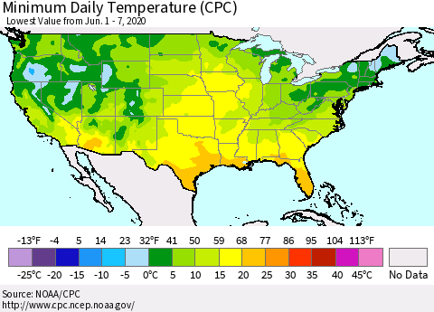 United States Minimum Daily Temperature (CPC) Thematic Map For 6/1/2020 - 6/7/2020