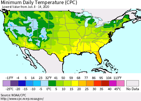 United States Minimum Daily Temperature (CPC) Thematic Map For 6/8/2020 - 6/14/2020