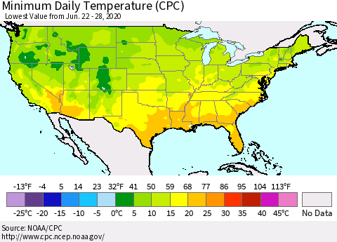 United States Minimum Daily Temperature (CPC) Thematic Map For 6/22/2020 - 6/28/2020