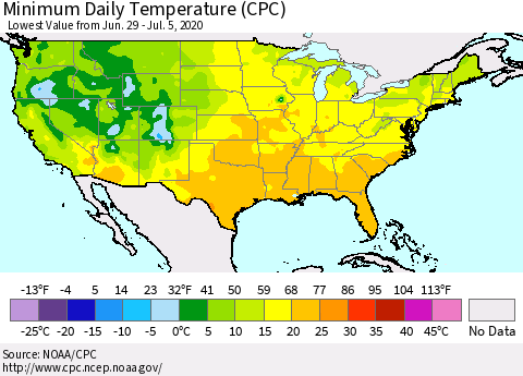 United States Minimum Daily Temperature (CPC) Thematic Map For 6/29/2020 - 7/5/2020