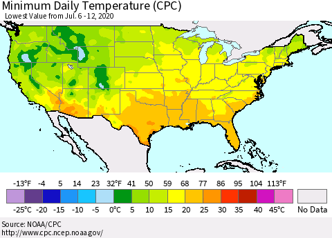 United States Minimum Daily Temperature (CPC) Thematic Map For 7/6/2020 - 7/12/2020