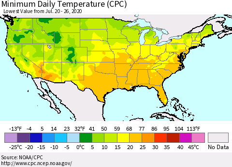United States Extreme Minimum Temperature (CPC) Thematic Map For 7/20/2020 - 7/26/2020