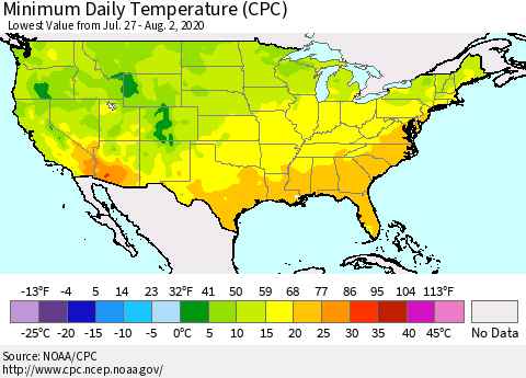 United States Minimum Daily Temperature (CPC) Thematic Map For 7/27/2020 - 8/2/2020