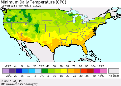 United States Minimum Daily Temperature (CPC) Thematic Map For 8/3/2020 - 8/9/2020