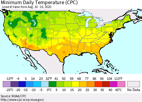 United States Minimum Daily Temperature (CPC) Thematic Map For 8/10/2020 - 8/16/2020